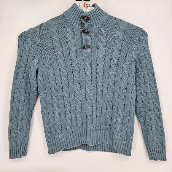 Vintage Polo Ralph Lauren Sweater Mens Large Silk Cable Knit Toggle Collar Blue - Picture 1 of 12